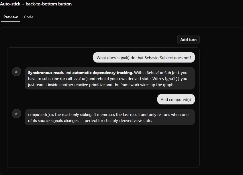 Scrollable chat thread preview (dark)