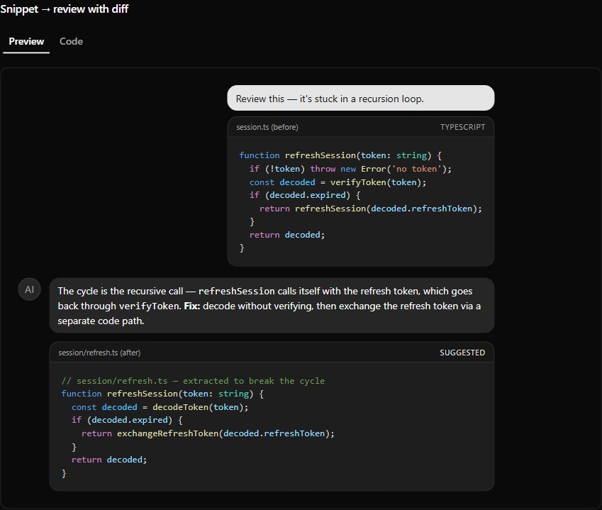 Code review thread preview (dark)