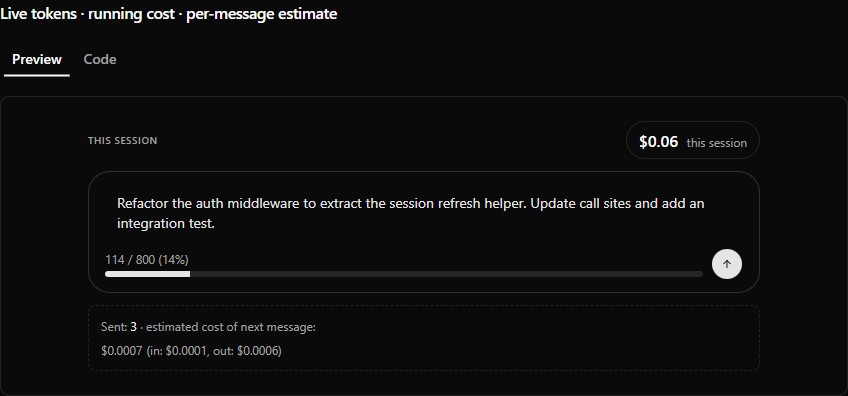 Cost + token meter preview (dark)