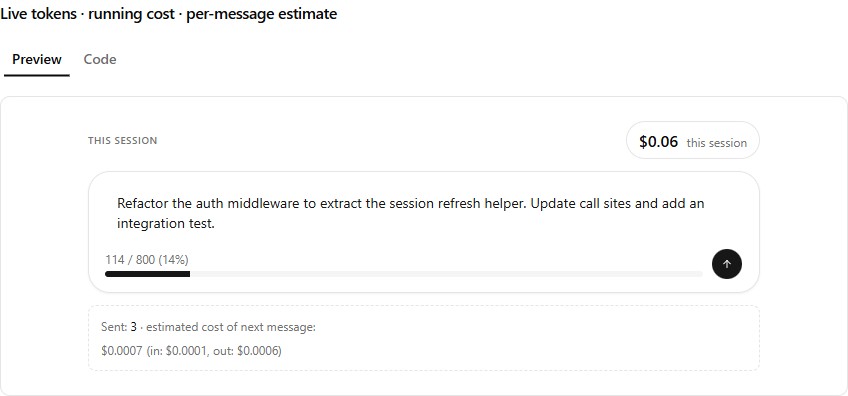 Cost + token meter preview (light)