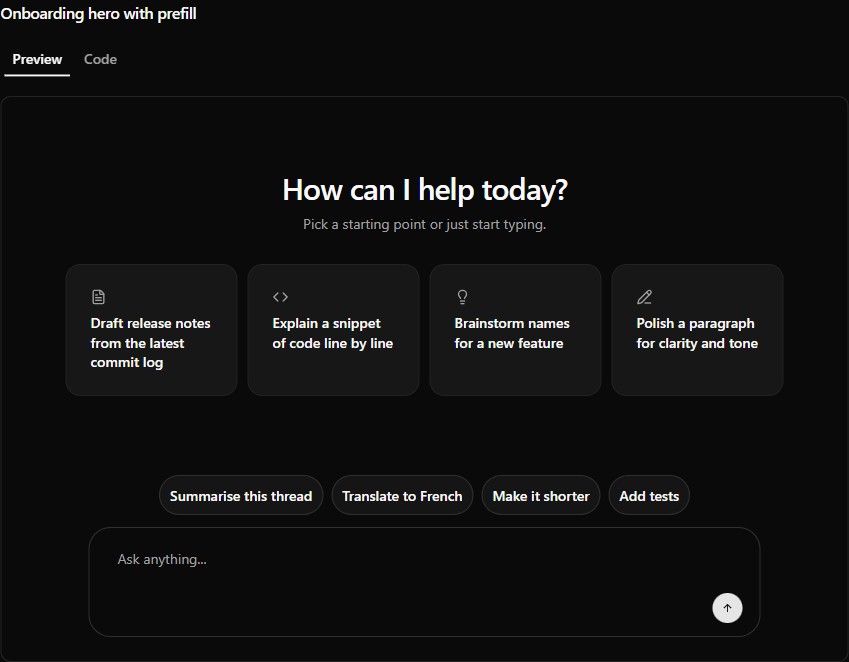 Empty-state onboarding preview (dark)