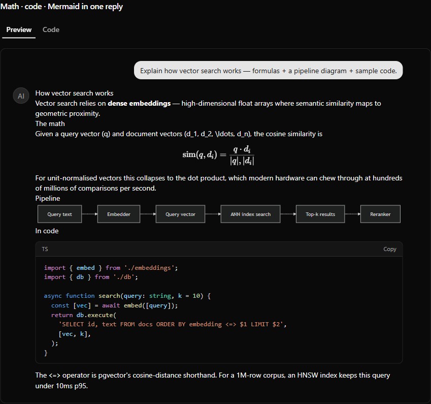 Markdown showcase preview (dark)