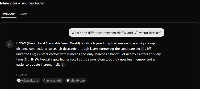 Source-attributed answer (RAG) preview (dark)