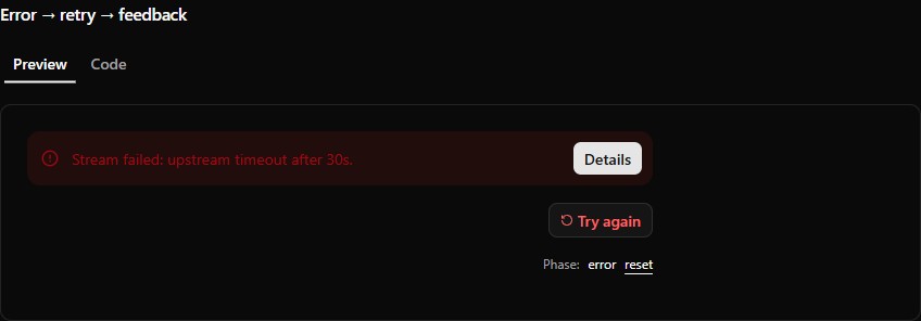 System notice + retry preview (dark)