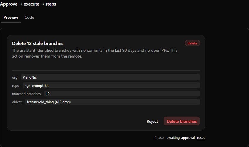 Tool call approval flow preview (dark)